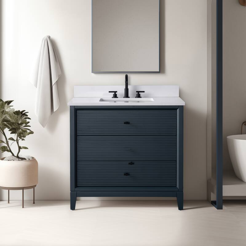 Vanity Art 36" Freestanding Bathroom Vanity with Engineered Marble Top and Sink - 36"/Matte Black - Vintage Spruce Blue