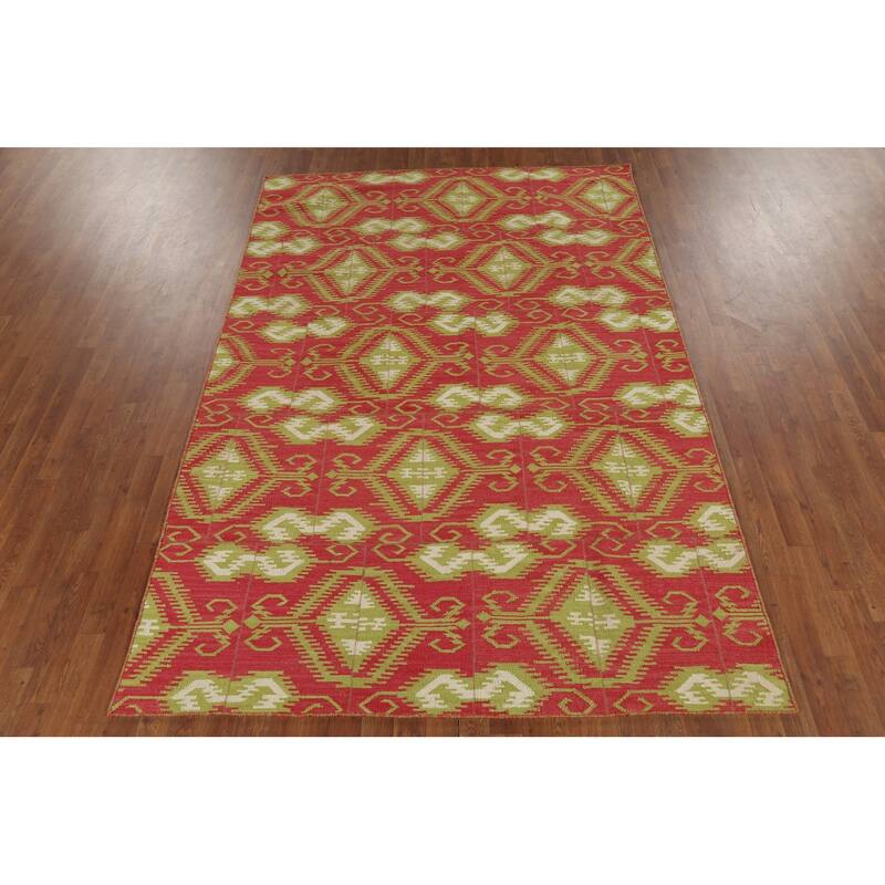 Geometric Kilim Oriental Area Rug Flatweave Pink Wool Carpet - 5'11"x 8'10"
