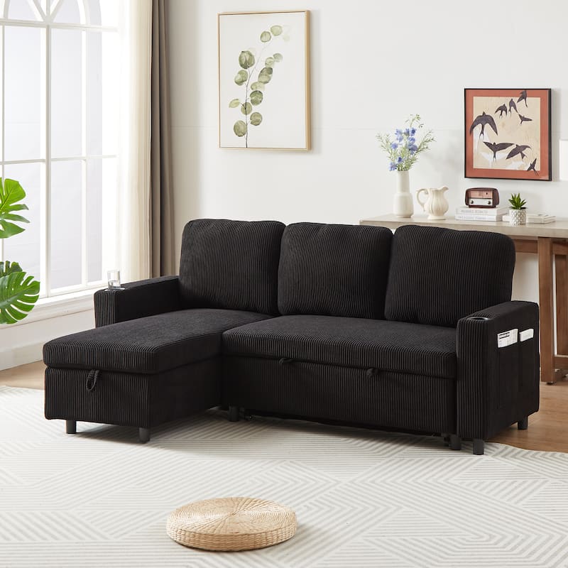 Convertible Corduroy L-Shaped Sofa Bed, Pullout Sleeper, Black - Reversible - Black