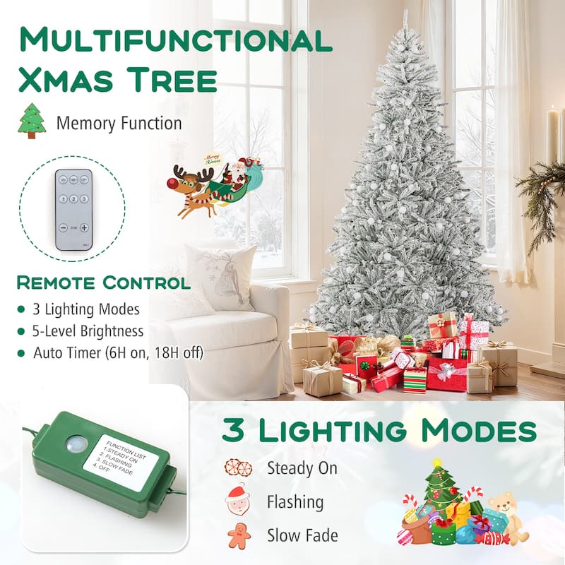Costway 6/7/8 FT Snow-flocked Artificial Christmas Tree with 51/65/81 - Green & White - See Details