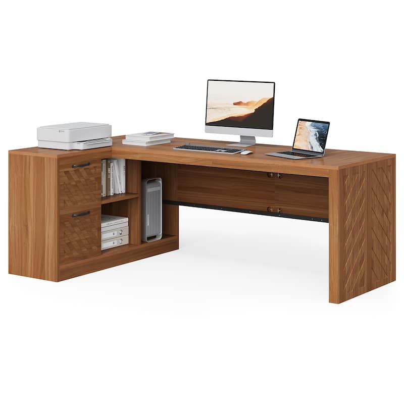 78.7" L-Shaped Executive Desk, Large Home Office Corner Desk with 2 File Drawers & Storage Shelves