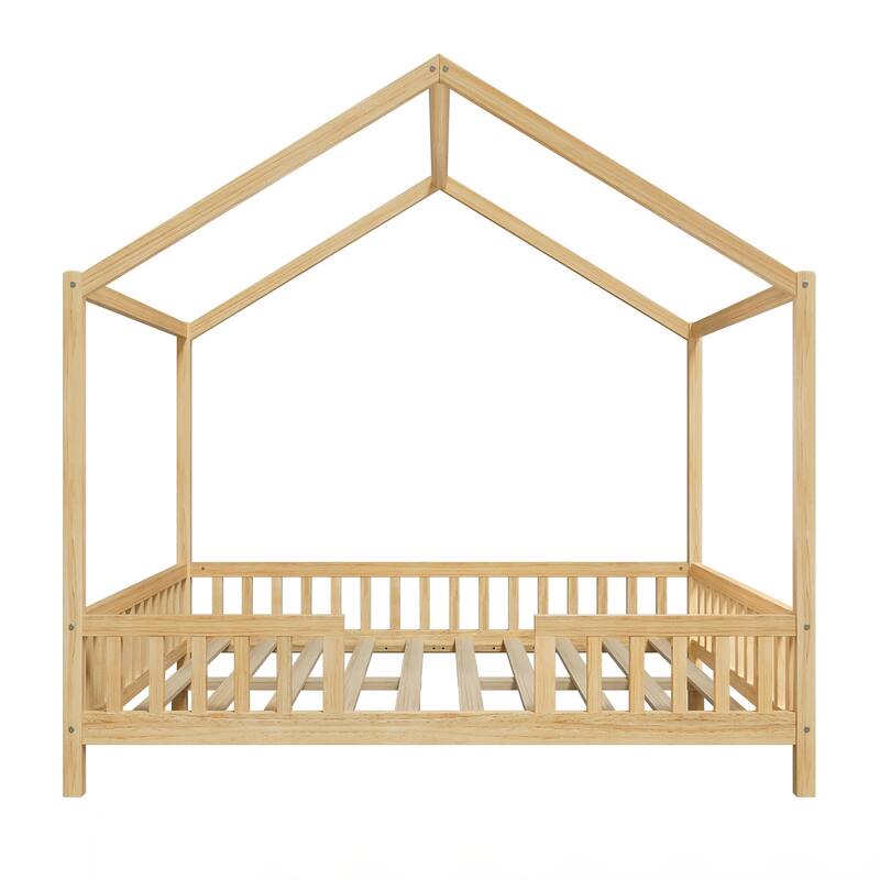 Montessori Floor Bed with Canopy, Full Bed Frame for Kids, House Shape Toddler Bed Frame with High Railings