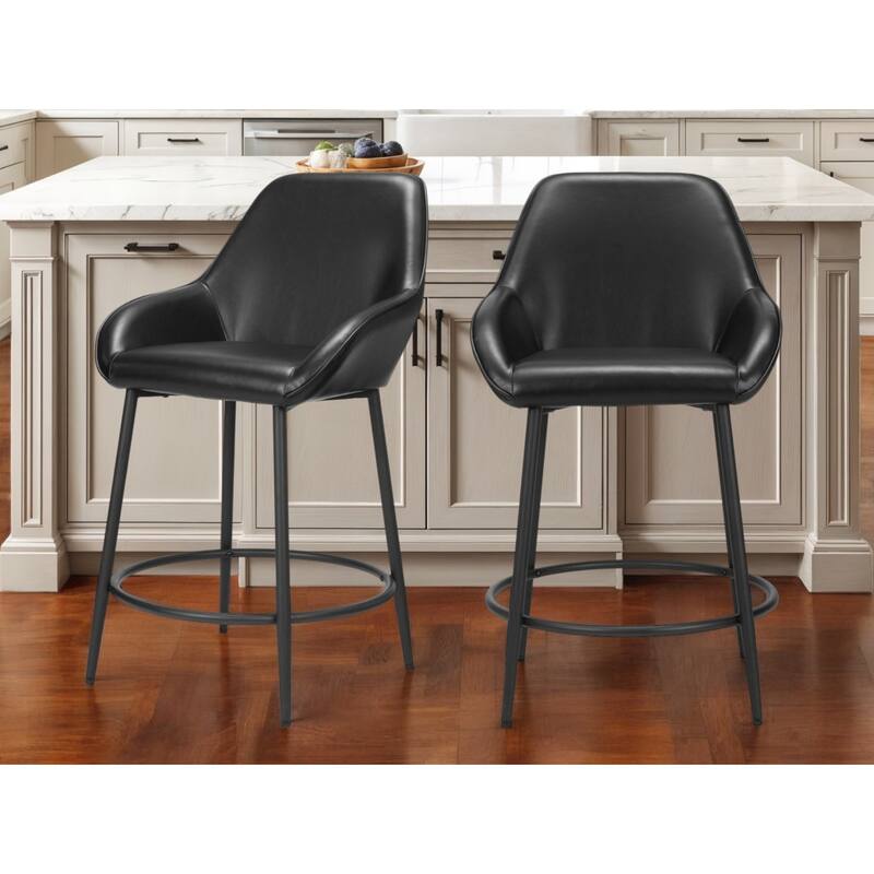 Set of Two 25" Black Faux Leather And Steel Counter Height Bar Chairs - Black