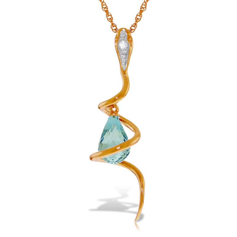 2.28 Carat 14K Solid Gold Necklace w/ Dangling Blue Topaz & Diamond - 24 Inch - Rose