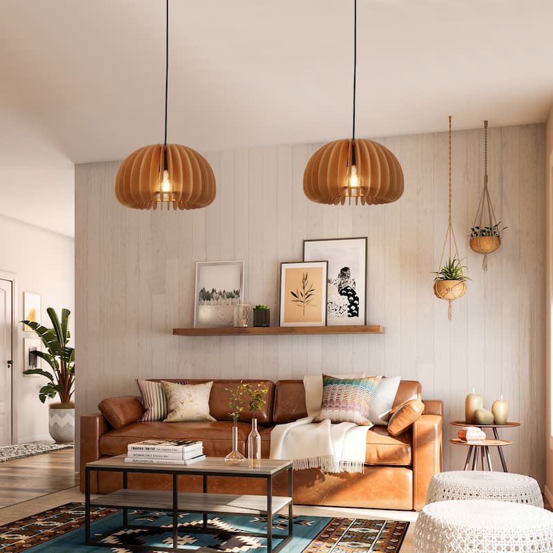 60-Watt 1-Light Brown Pendant Light with Pumpkin Shape for Kitchen Island, Semi Flush Mount Chandelier for Dining Room