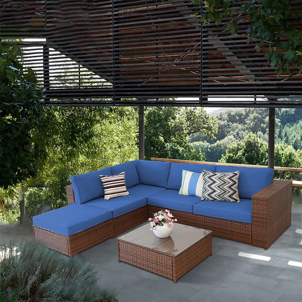 5 Pieces PE Wicker Rattan Corner Sofa Set black frame grey