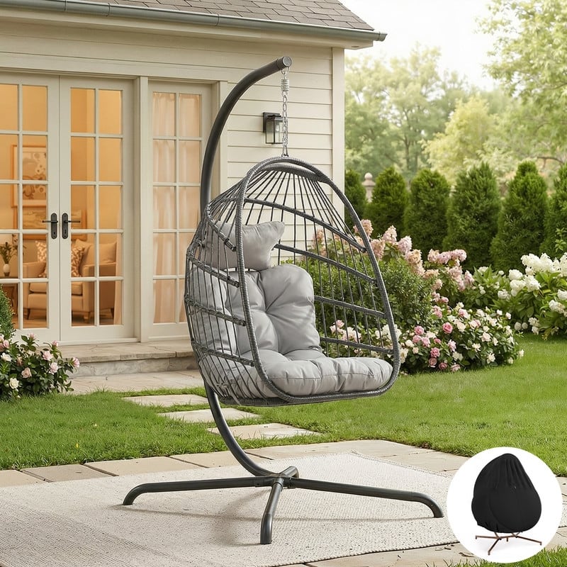 Oversized Wicker Hanging Egg Chair with Stand, Outdoor Indoor Swing Chair with Cushion, 350 lb Capacity - Light Grey/Cover