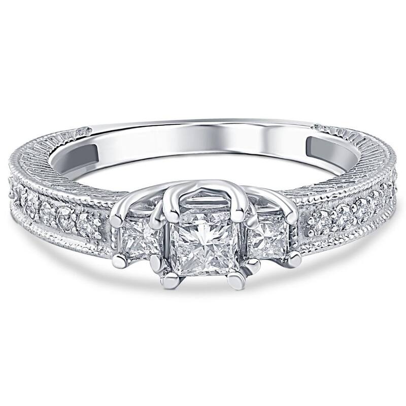 1/2ct Vintage Three Stone Princess Cut Diamond Engagement Ring White Gold