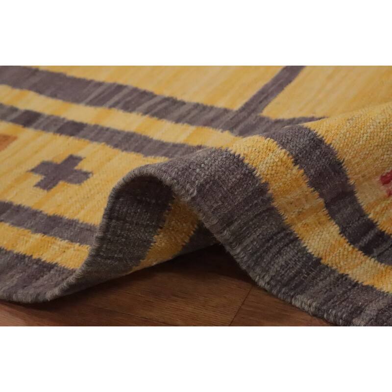Hand Woven Oriental 100% Wool Carpet Southwestern Tribal Yellow & Gold Kilim Area Rug - 8' 0'' X 5' 0''