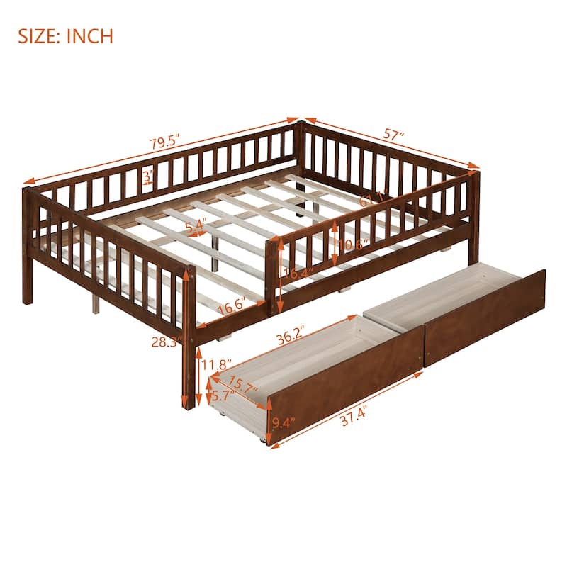 Full Size Modern Style Pine Wood Daybed with Two Storage Drawers