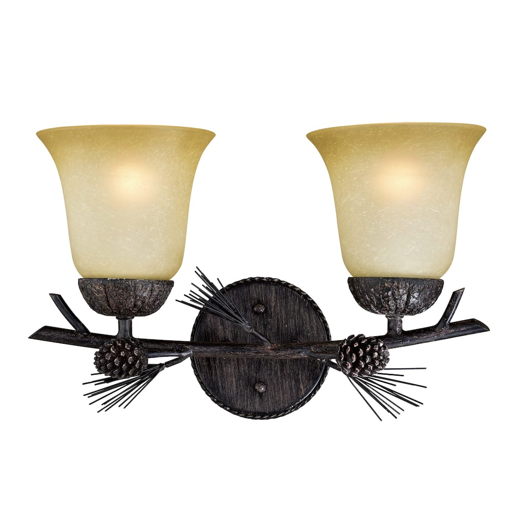 Sierra 2-Light 15 in. W Black Walnut Rustic Bathroom Vanity Lighting Fixture, Creme Glass Shade, Dimmable, Pine Cone, Wall Mount