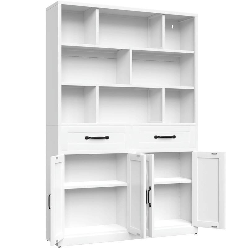 71" Tall Metal Bookcase with 2 Doors, 2 Drawers and Open Shelves