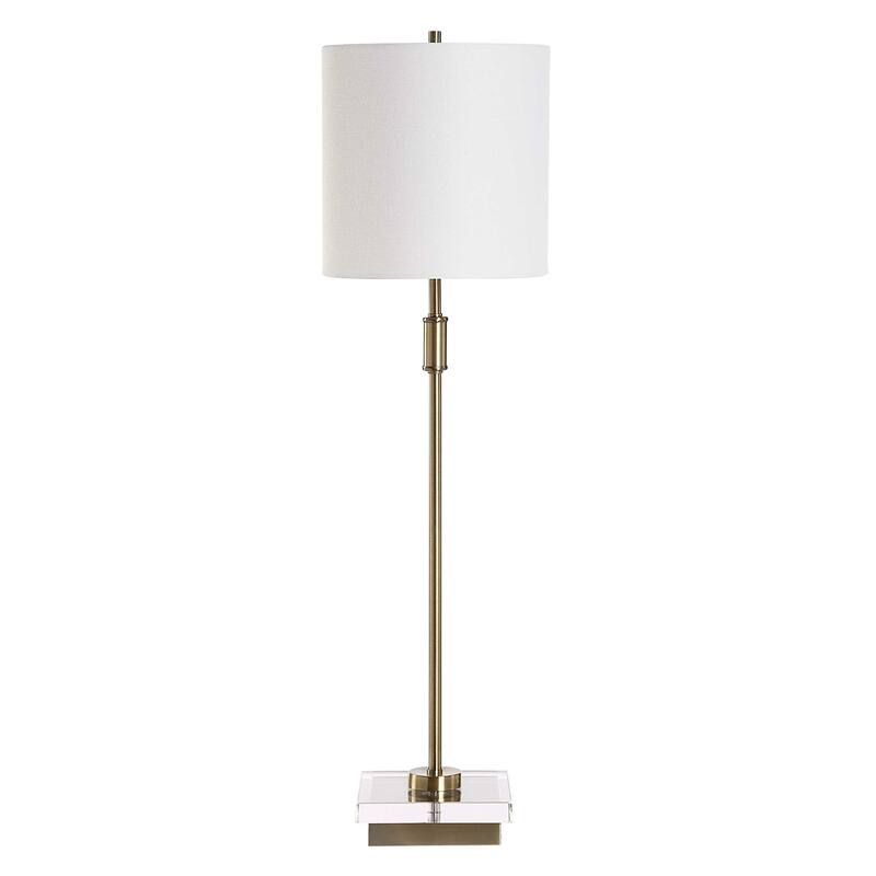 Table Lamp, Crystal Base, White Linen Shade, 32 Inch Antique Brass