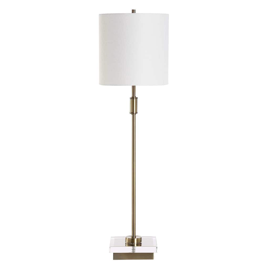 Table Lamp, Crystal Base, White Linen Shade, 32 Inch Antique Brass