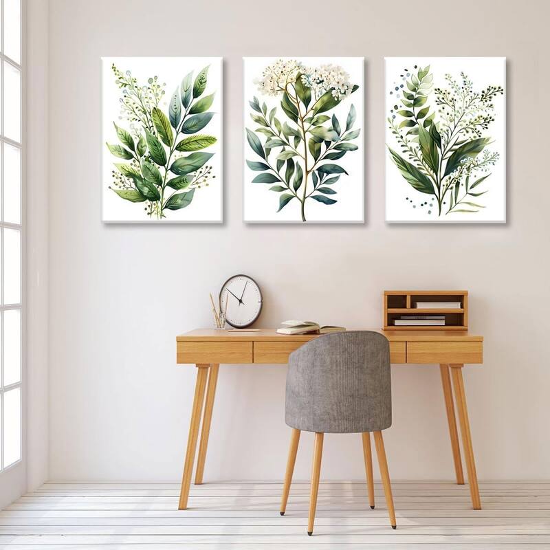 Set of 3 Framed Sage Green Painting Eucalyptus Leaf Picture