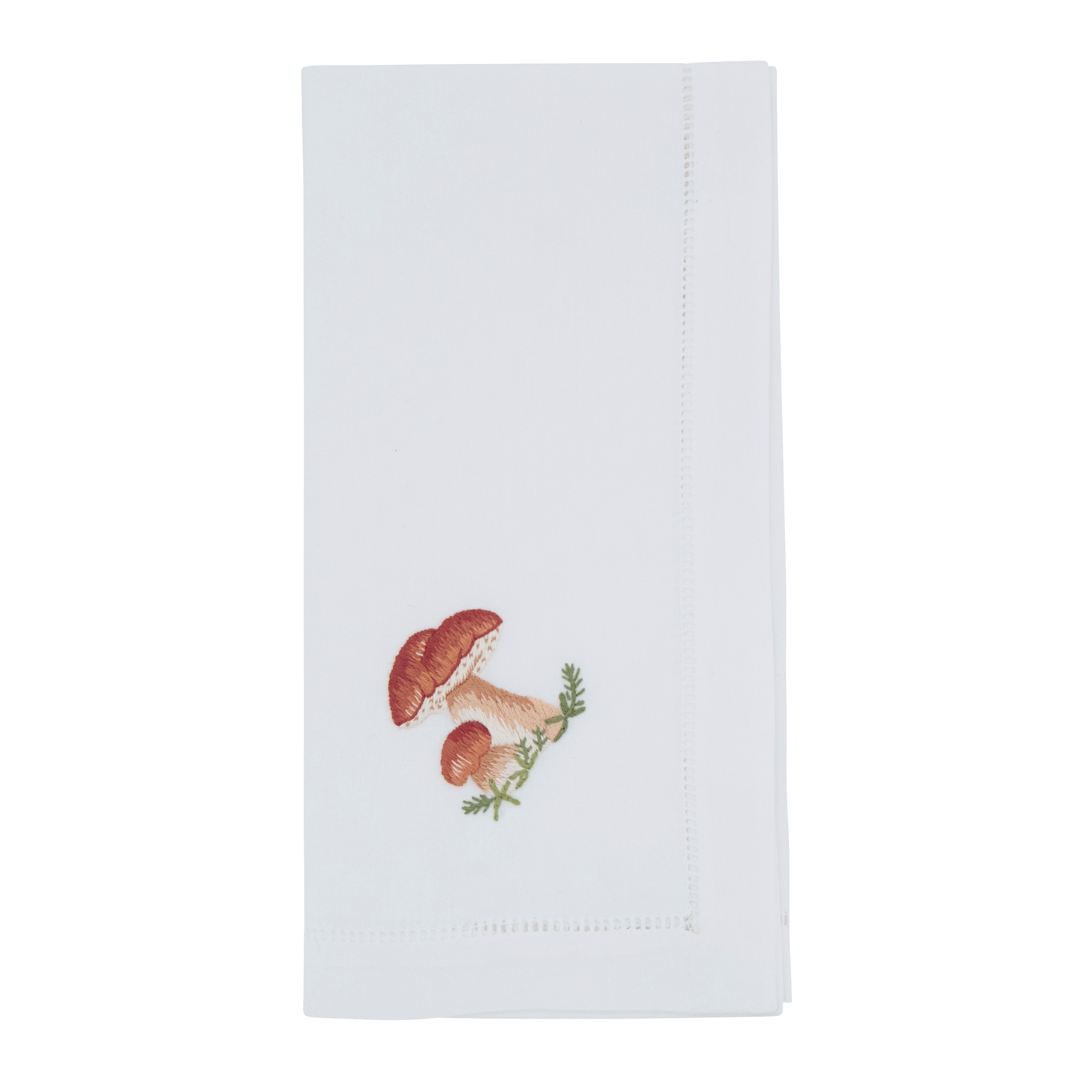 Mushroom Embroidered Cotton Decorative Napkins (Set of 6) - Hemstitch Border with Woodland Mushroom Motif, 20"x20"