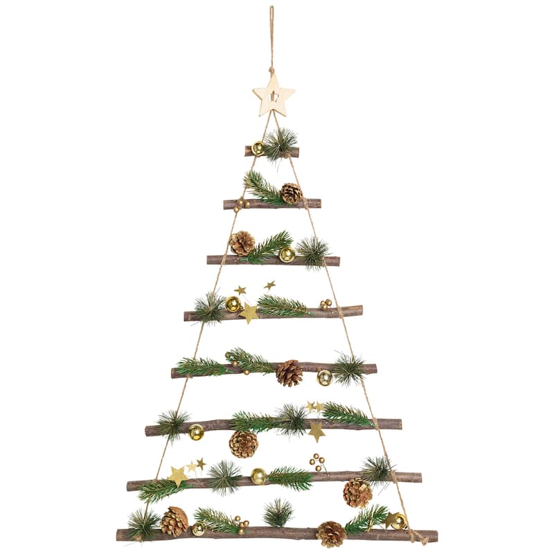 Star and Pinecone Hanging Tree Wooden Christmas Wall Decoration - 30"
