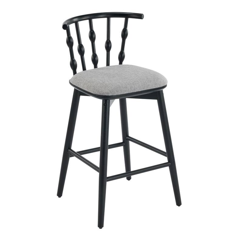 Doria Indoor Wooden Barstool, Black Finish With Grey Upholstery, Set of 2