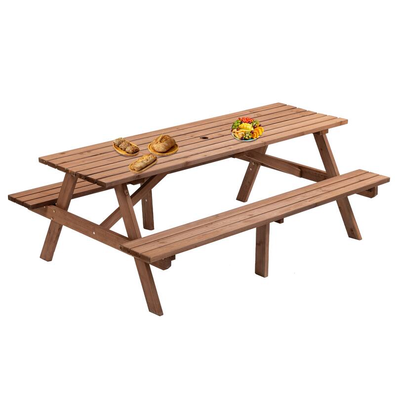 8-Person Fir Wood Rectangular Picnic Dining Set with Built-in Benches & Umbrella Hole