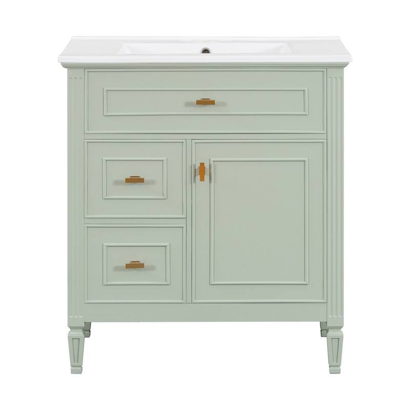 30" Bathroom Vanity with Ceramic Sink Combo, Bathroom Vanity Cabinet with 1 Flip Drawer, 2 Drawers & Adjustable Shelf