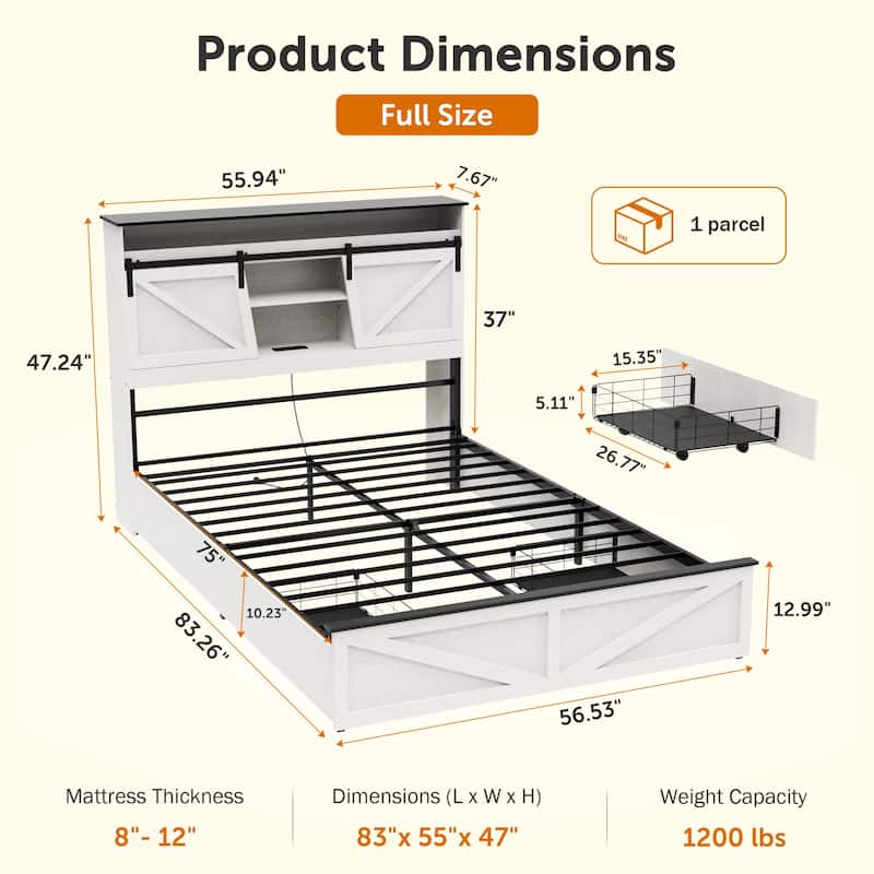 Farmhouse Storage Bed Frame with Storage Headboard, Charging Station and LED Lights, Optional Platform Bed with Drawers