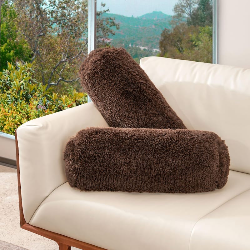 Cheer Collection 8" x 24" Set of 2 Shaggy Long Hair Bolster Pillows - Brown