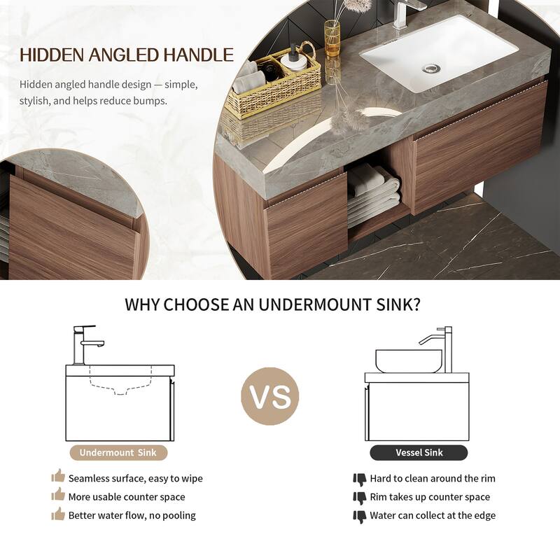 48" Mid Century Single Bathroom faux marble Vanity with Top, Solid Wood, Floating Vanities for Bathroom, Not Assembled Need