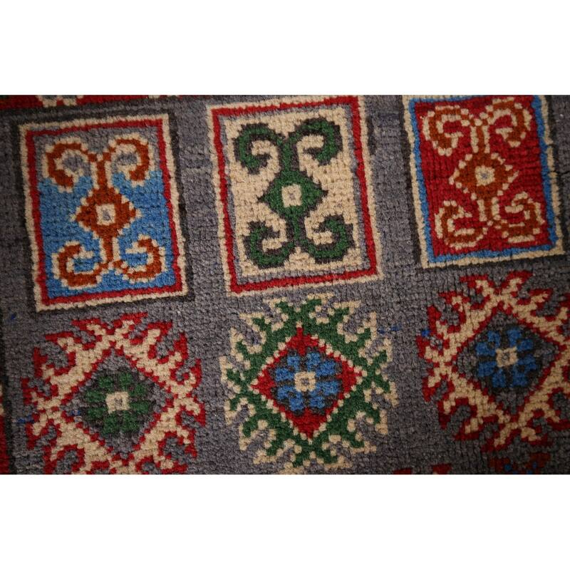 Geometric Grey Kazak Foyer Rug Hand-Knotted Wool Carpet - 2'8" x 3'11"