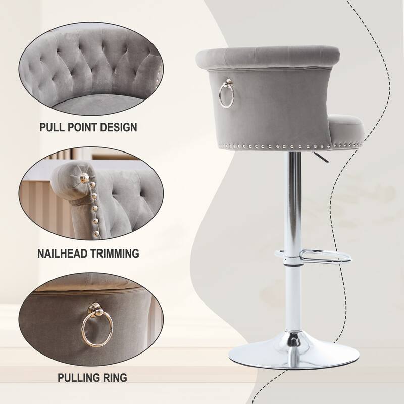 Velvet Bar Stool Set of 2, Adjustable Swivel Bar Stools with Silver Plated Metal Leg, Counter Height Chair
