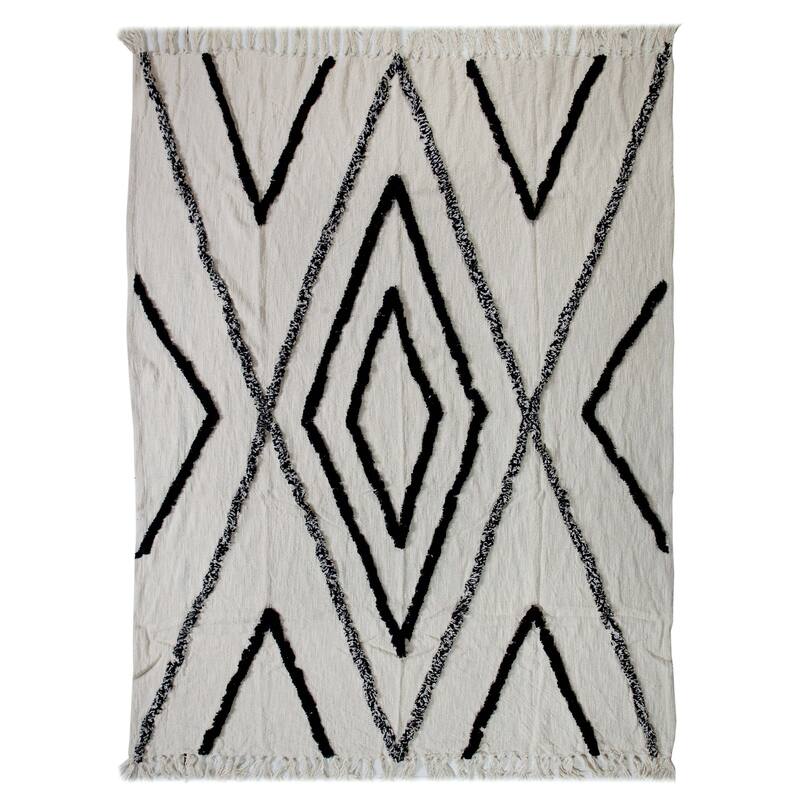 60" X 50" Cream Woven Cotton Geometric Throw Blanket with Fringe