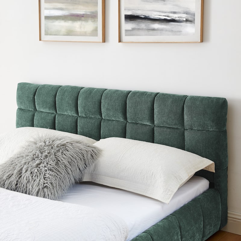 Block Thick Chenille Low Profile Platform Bed Fabric Upholstered Bedframe with Headboard Solid Wood Frame - Optional Storage Bed