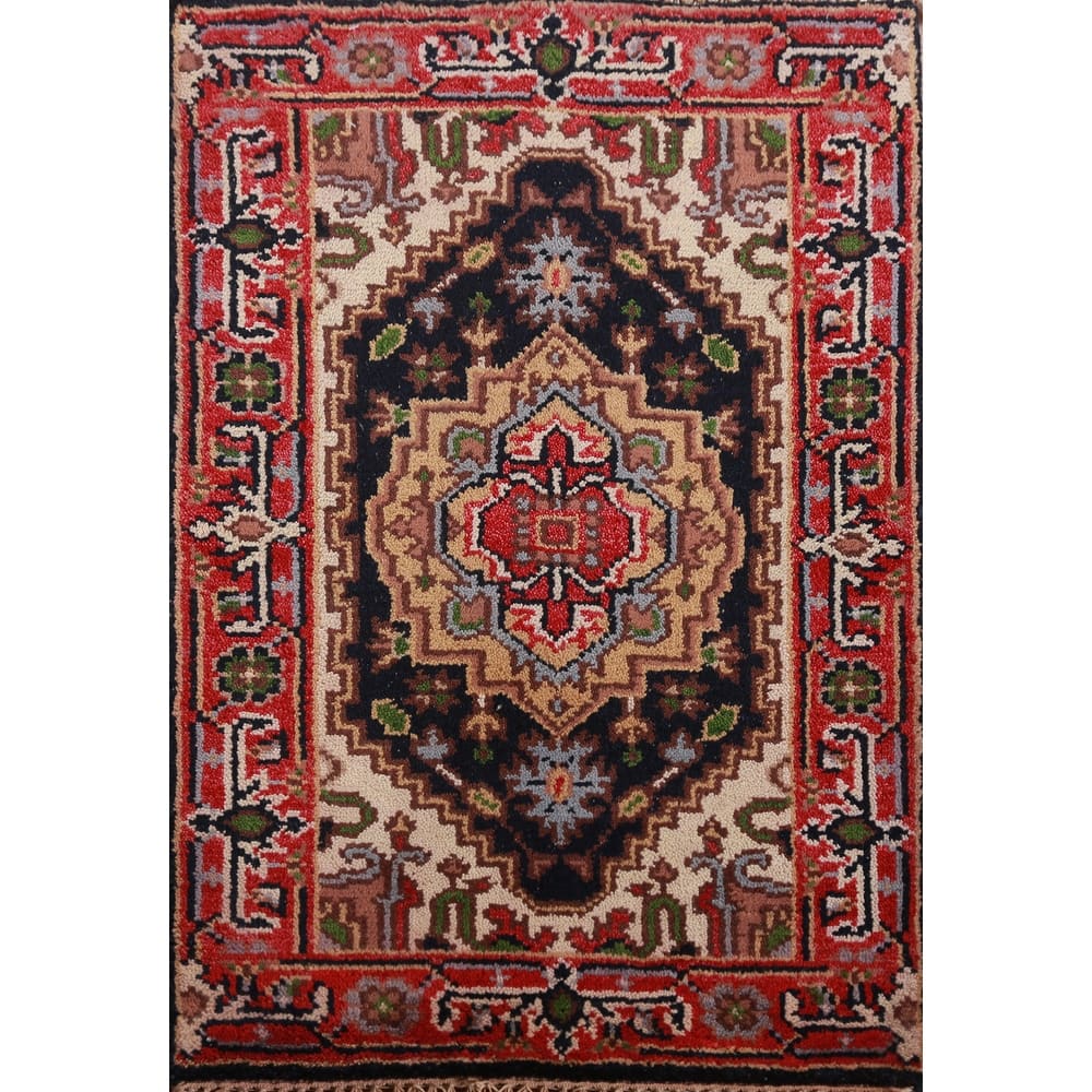 Hand Knotted Oriental 100% Wool Carpet Traditional Medallion Navy Blue & Blues Heriz (serapi) Area Rug - 3' 0'' X 2' 0''