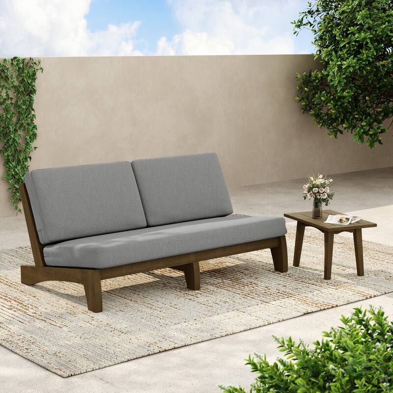 3-Seat Outdoor Sofa Set with Solid Wood Coffee Table, Weather-Resistant Cushions - Grey/Side Table - Brown Wood