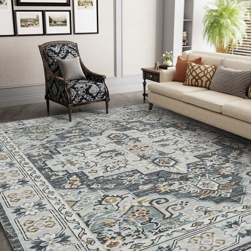 Non-Slip Machine Washable Grey Yellow Cream Multicolor Area Rug