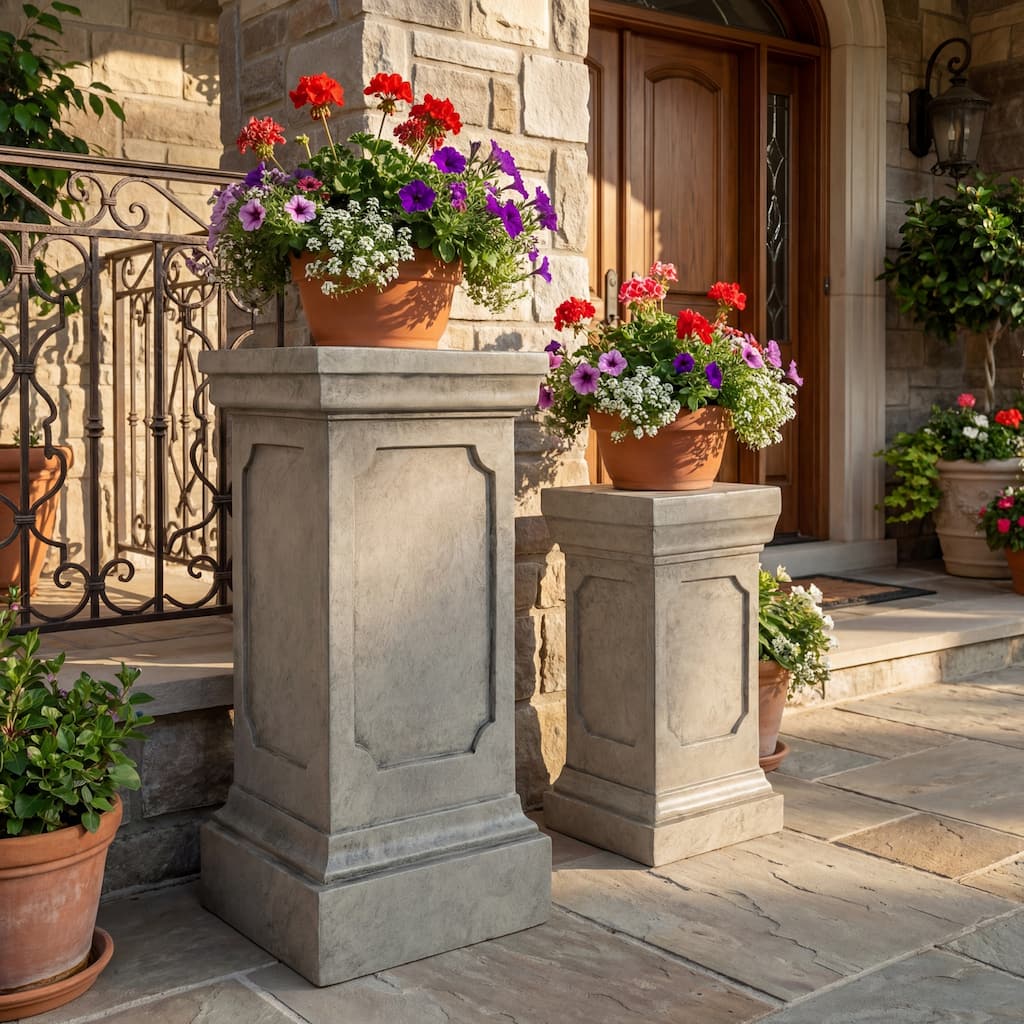 Christopher Knight Home - Versari Indoor/Outdoor Classic 2-Piece Square Pedestal Plant Stand Set with Decorative Panel Design