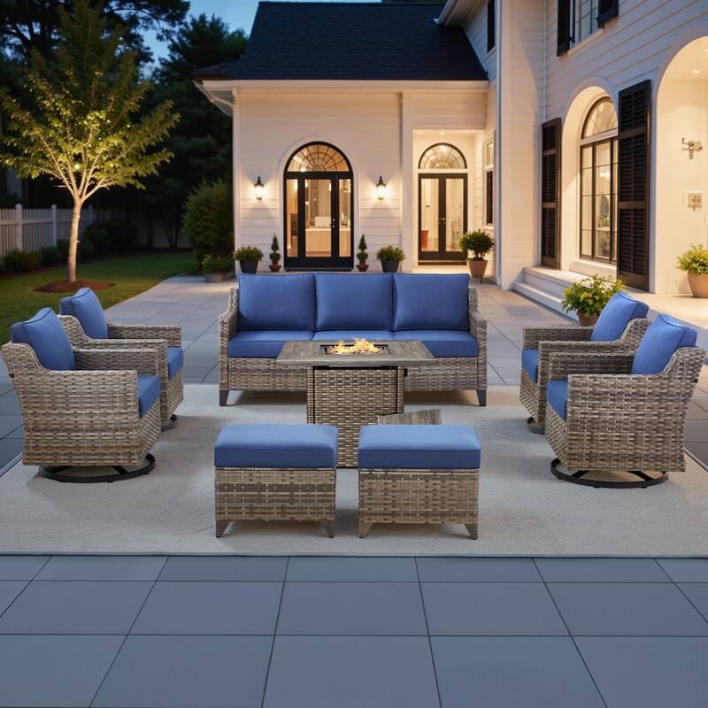 Pocassy Outdoor Swivel Chair with Sofa with Fire Pit Table - Blue Cushion Gray Wicker - 8-Piece Fire Table w/ Sofa Swivel Chair Ottoman
