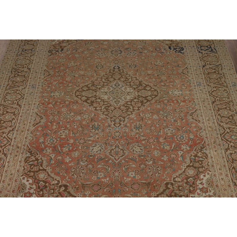 Traditional Mashad Persian Vintage Rug Handmade Orange Wool Carpet - 9'6" x 12'9"