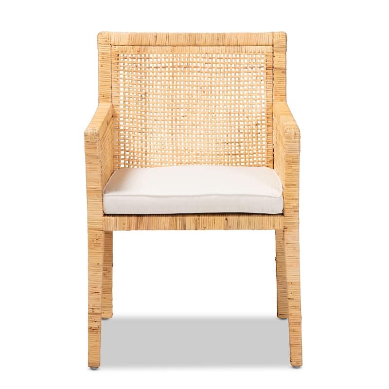 Karis Rattan Dining Chair - Handwoven Wicker Armchair with Mahogany Wood, Coastal Boho Style Indoor Seating