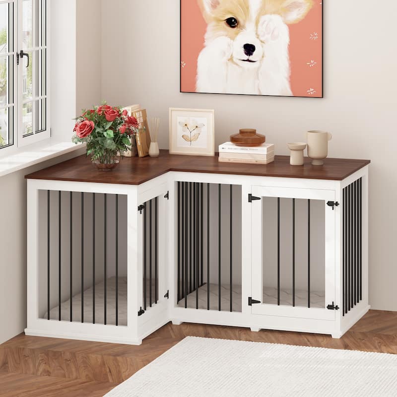 Large Corner Dog Crate Furniture for 2 Dogs, L Shape Dog Crate Cage - 58.7"X41.1"