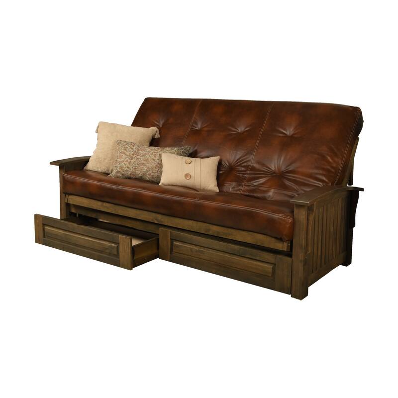 Somette Washington Queen-size Storage Futon Set in Rustic Walnut with Faux Leather Mattress - Saddle