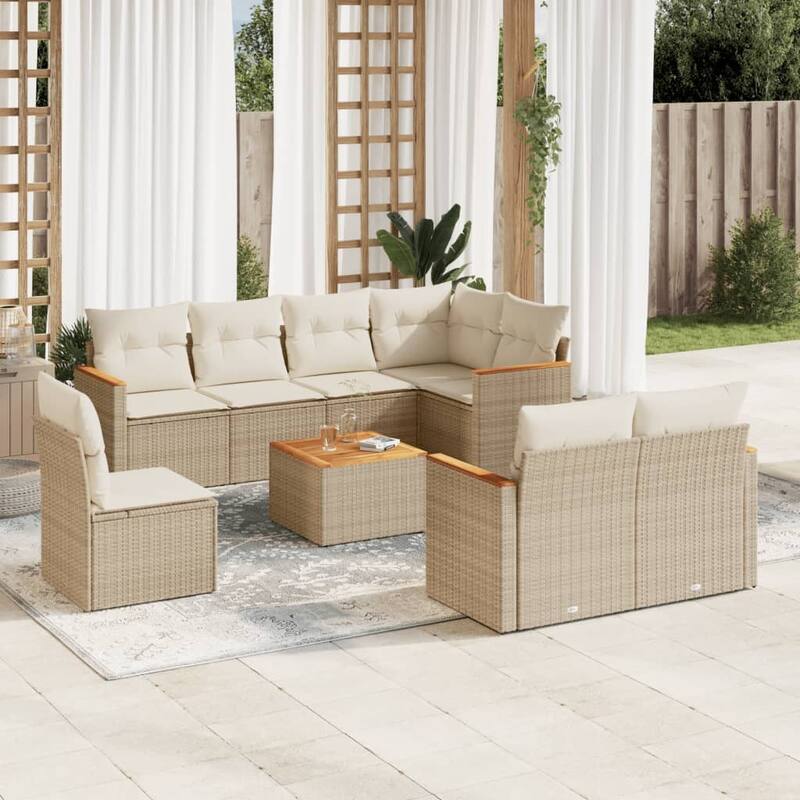 vidaXL Patio Sofa Set with Cushions Outdoor Conversation Furniture Poly Rattan - 24.4 x 24.4 x 27.2 in - Beige with table