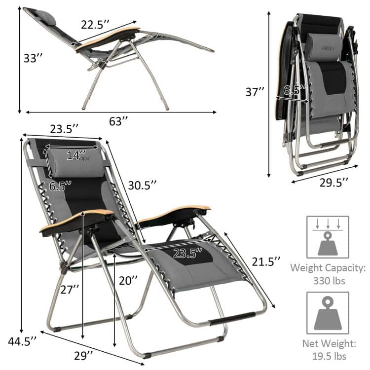 Oversize Folding Adjustable Padded Zero Gravity Lounge Chair - 29.5" x 29" - 63" x 33" - 44.5" (L x W x H)