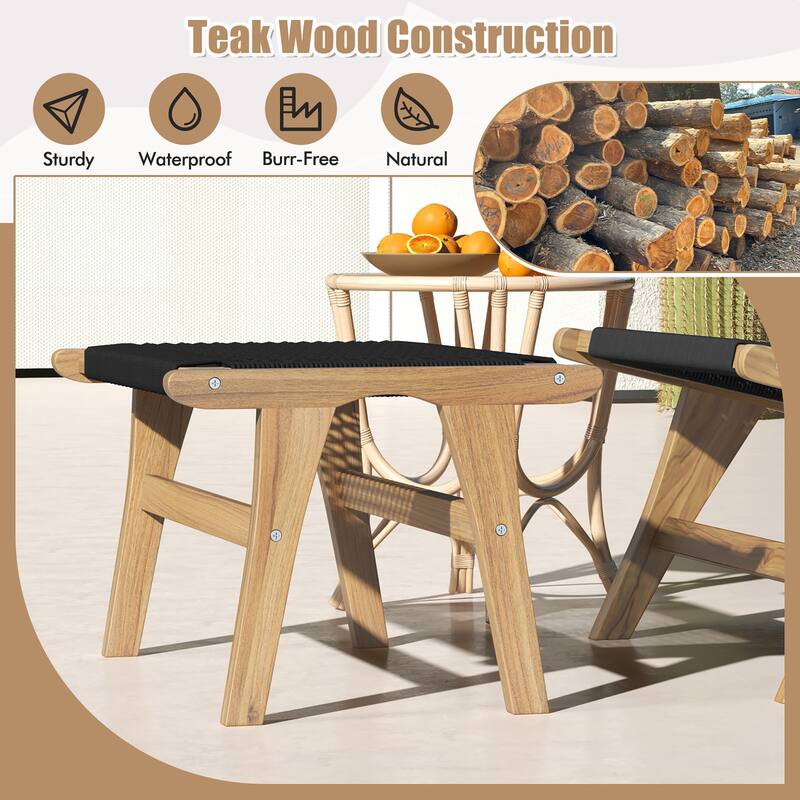 Gymax Teak Ottoman Footstool w/ Handwoven Cordage for Patio Porch