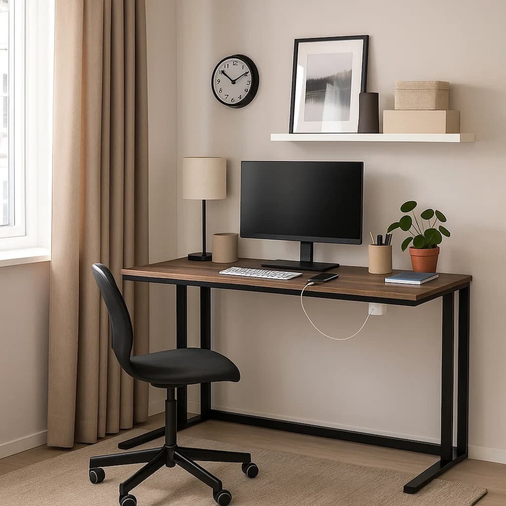 Writing Desk with Wooden Top and Built in USB Port, Brown and Black
