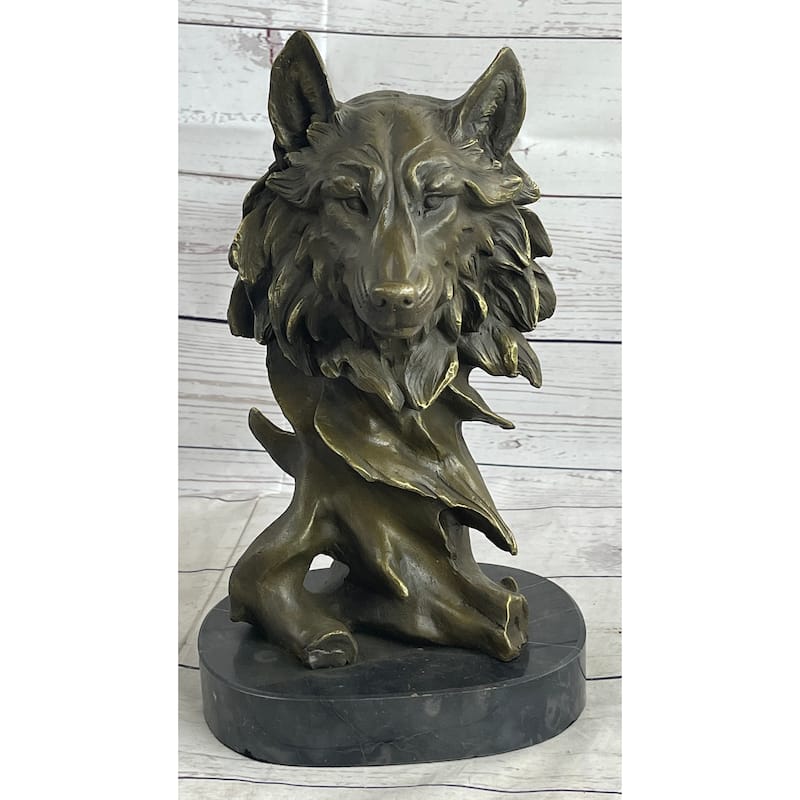 Abstract Bronze Imitative Wolf Head Bust Statue Sculpture Signed Original Collectible 12 Inches X 7 Inches