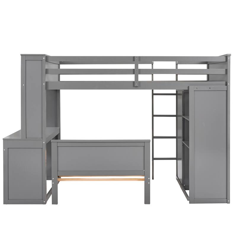 Gray Twin Wood Loft Bed with Stand-alone Bed, Wardrobe, Drawers ...