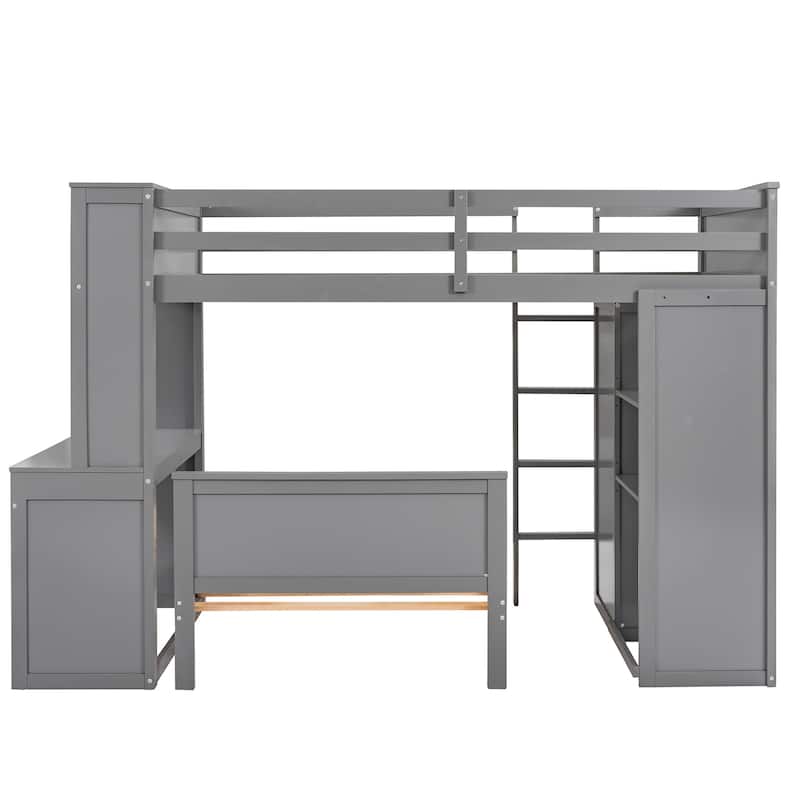 Twin size Loft Bed with a Stand-alone bed, Shelves,Desk,and Wardrobe-Gray