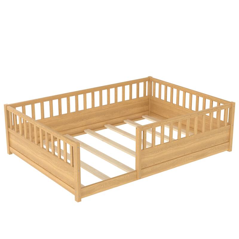 Full/Twin Montessori Floor Bed with Security Barrier & Door - Children's Wooden Bed Frame