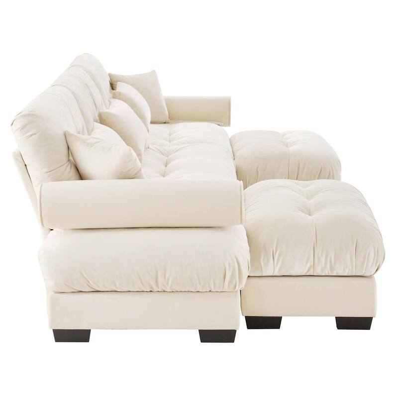 130" Velvet Modular Sectional Sofa with Ottomans & Pillows