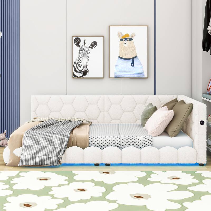 Upholstered platform bed with USB Ports and LED belt
